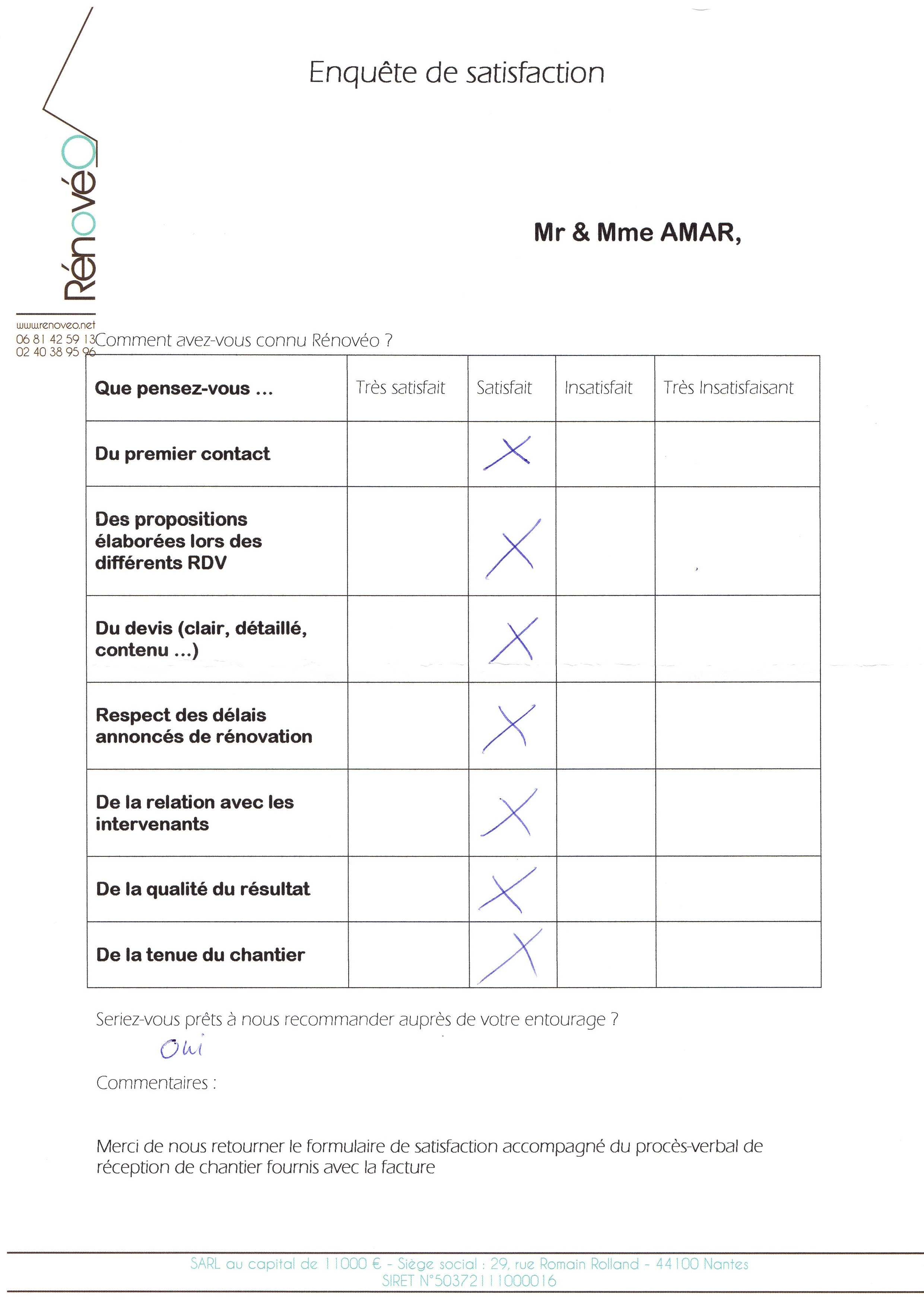Enquête de satisfaction  Renoveo